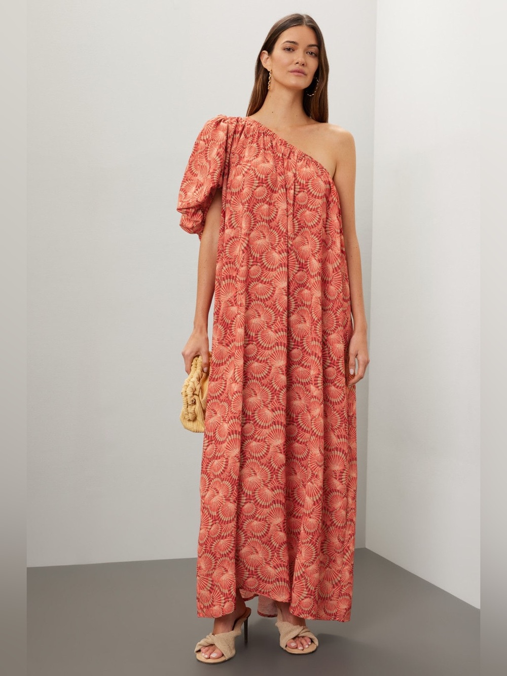 One-Shoulder Coral Print Maxi Dress